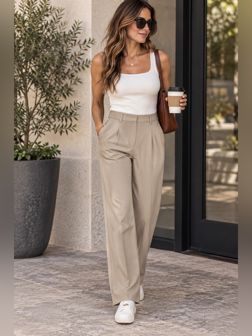 Max Studio Tan Pleated Straight Leg Flowy Career Pants Trousers